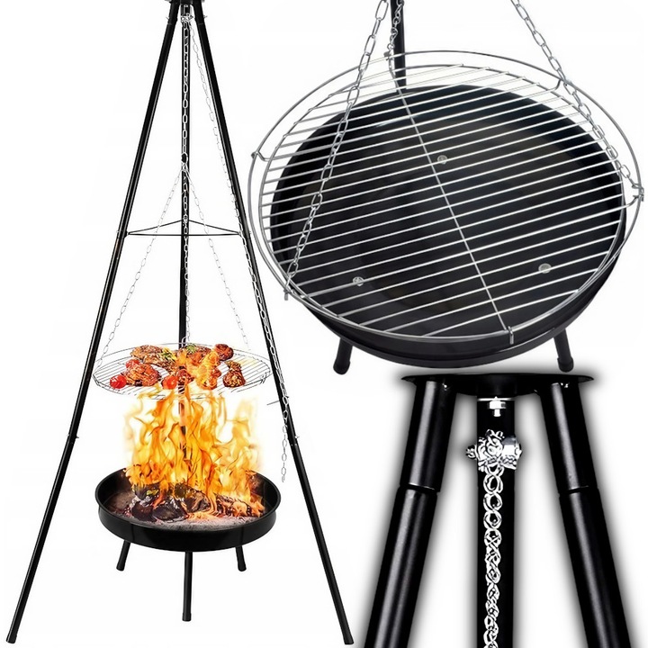PALENISKO TRÓJNÓG GRILL OGRODOWY OGNISKOWY WISZĄCY DUŻY RUSZT CHROMOWANY 50