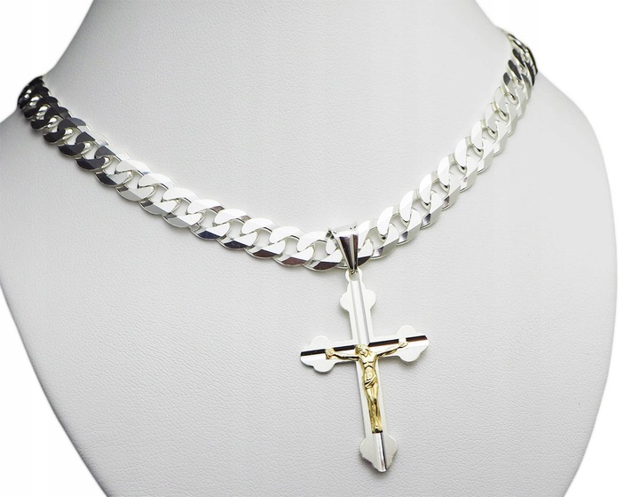 Gruby Srebrny Łańcuszek splot Pancerka +Krzyżyk