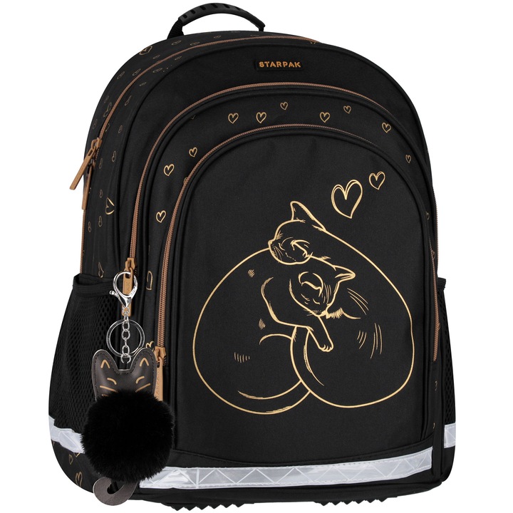 PLECAK TORNISTER SZKOLNY DLA DZIEWCZYNKI CZARNY ZŁOTY KOT KOTEK KLASA 1 3