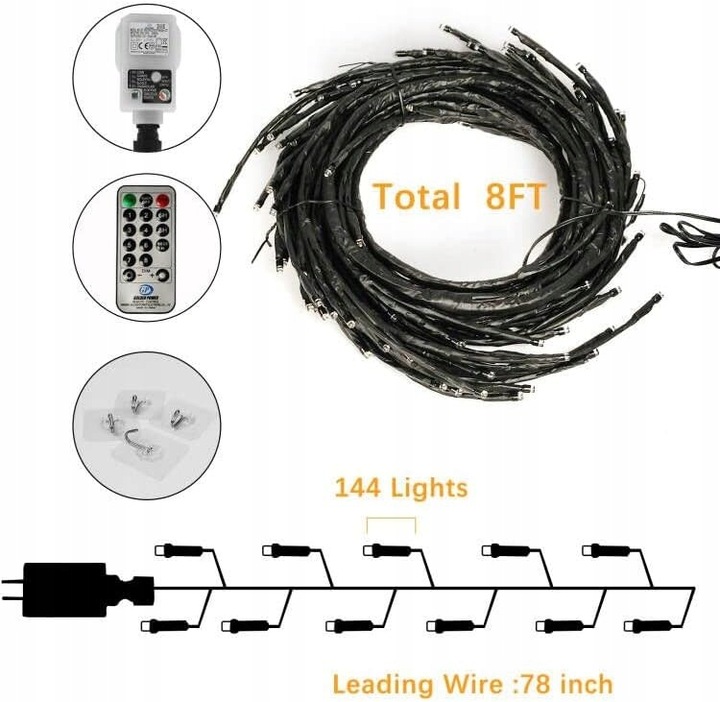 Oświetlenie na Boże Narodzenie świąteczne drzewko gałązka 144 LED z pilotem