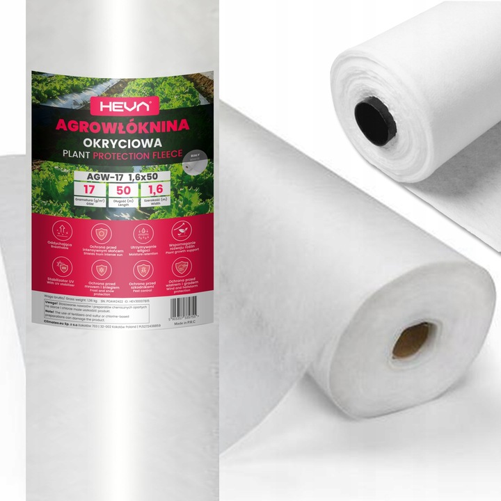 Agrowłóknina biała otulina okryciowa HEVA 1,6x50m 17g wiosenna zimowa UV2%