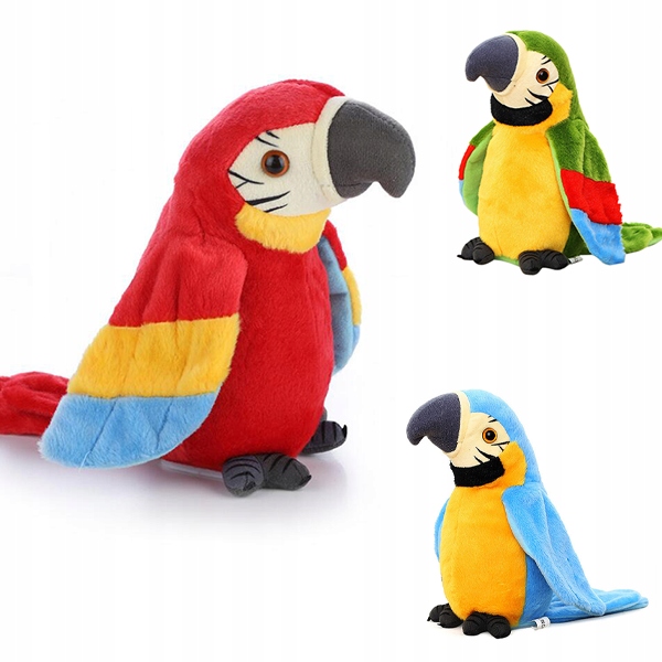 PAPUGA CZEROWNA GADAJĄCA POWTARZAJĄCA MUZYKUJĄCA PLUSZOWA MASKOTKA ROZMAWIA