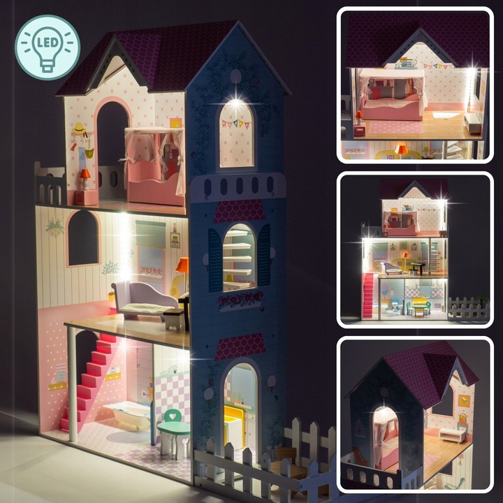 Duży Domek Dla Lalek XXL Drewniany Mebelki Do Zestawu Oświetlenie LED