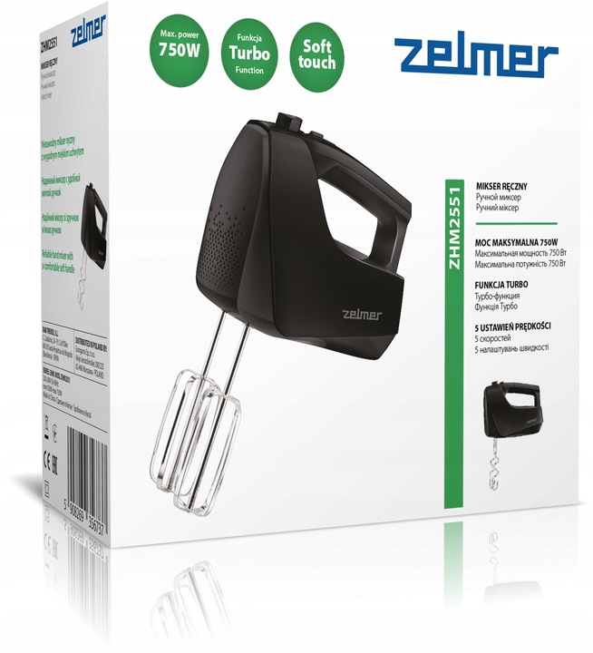MIKSER RĘCZNY ZELMER LEKKI ROBOT KUCHENNY 5 BIEGÓW 4 KOŃCÓWKI TURBO 750W