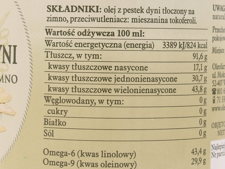 Olej z pestek dyni, tłoczony na zimno, 500 ml