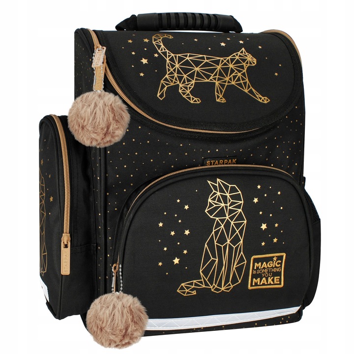 TORNISTER SZKOLNY PLECAK DLA DZIEWCZYNKI KOTEK CZARNY ZŁOTY WOREK PIÓRNIK