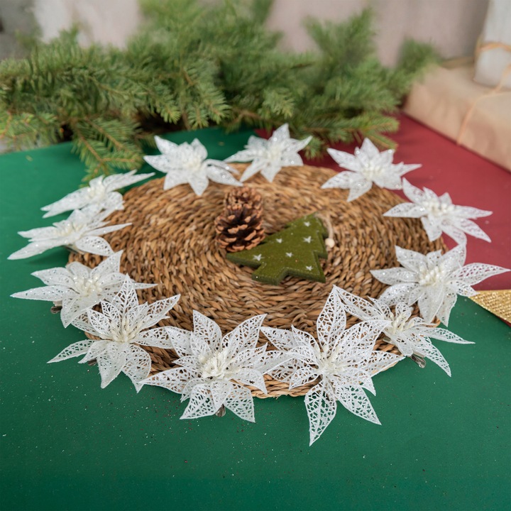 OZDOBY ŚWIĄTECZNE NA CHOINKĘ KWIAT Z KLIPSEM BIAŁY z brokatem