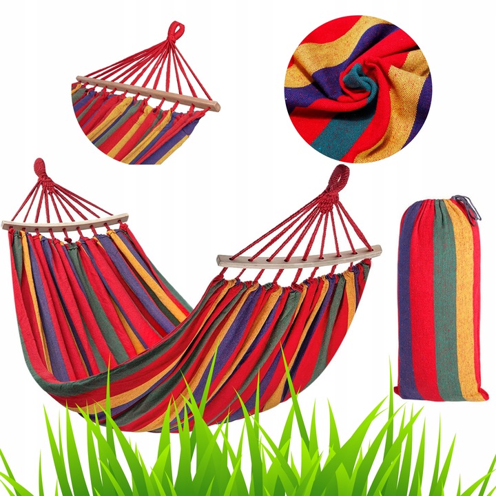 Wiszący Hamak 2-Osobowy Wielokolorowy z Drążkiem Mocny 150 cm Czerwony