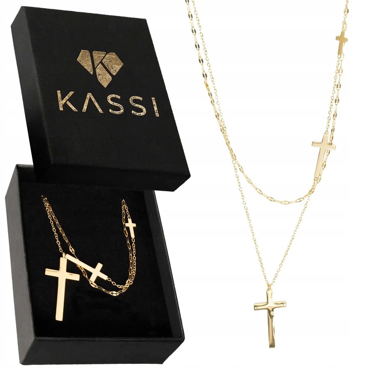 Pozłacany Naszyjnik Damski ze Stali Szlachetnej Wielowarstwowy z Krzyżykami