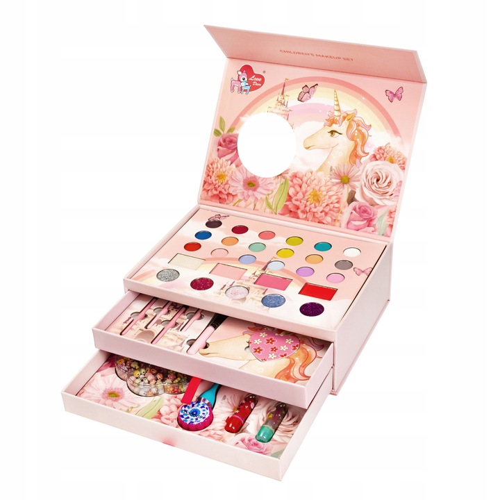 KOSMETYKI DLA DZIECI W SZKATUŁCE JEDNOROŻEC KORALIKI CIENIE LAKIERY KUFEREK