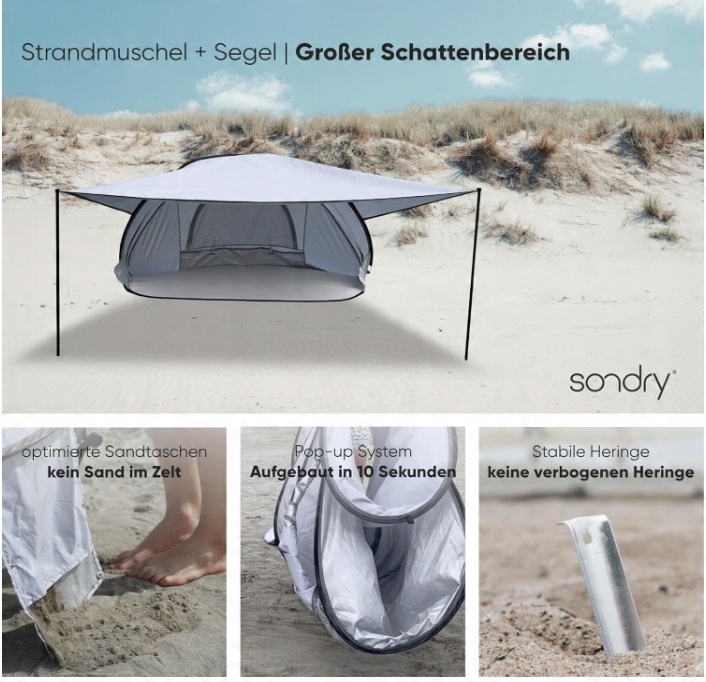 Sondry Namiot plażowy Pop Up dla 3-4 osób, z żaglem UV UPF 50+