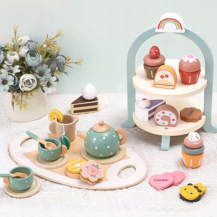 CUKIERNIA DREWNIANY ZESTAW DO HERBATY SERWIS KAWOWY AKCESORIA DO ZABAWY FI
