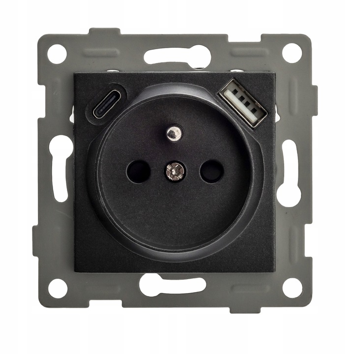 Gniazdko pojedyncze SZKLANE 230V KONTAKT z BOLCEM uziemieniem CZARNE USB C