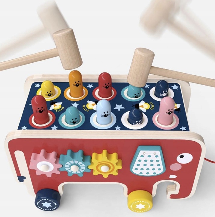 Drewniana Kostka Edukacyjna Słoń Wbijak Młotek Zabawka Prezent dla Dzieci