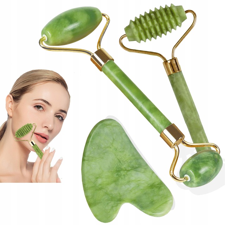 3w1 Masażer do twarzy KAMIEŃ GUA SHA z jadeitu zestaw roller wałek masażu