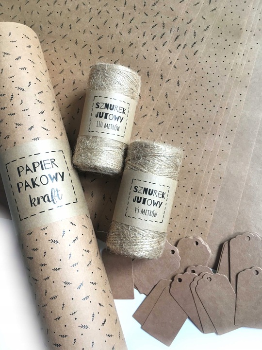 ZESTAW DO PAKOWANIA EKO papier pakowy sznurek juta tagi wzór listki kropki