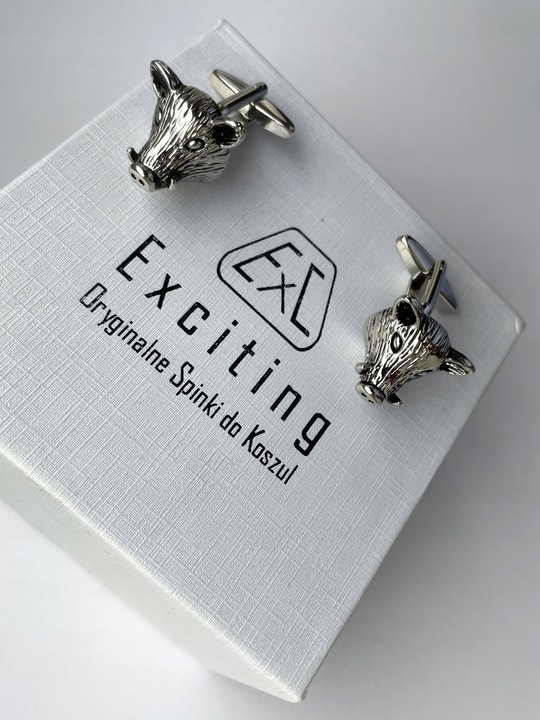 Srebrne spinki do mankietów EXC Dzik Dziki Głowa Dzika dla Myśliwego w Etui