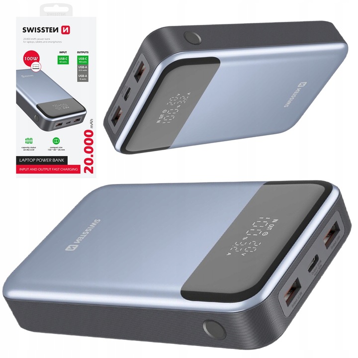 Powerbank 20000 mAh 100W do laptopa smartfona 2x USB-A 1x USB-C KOMPAKTOWY