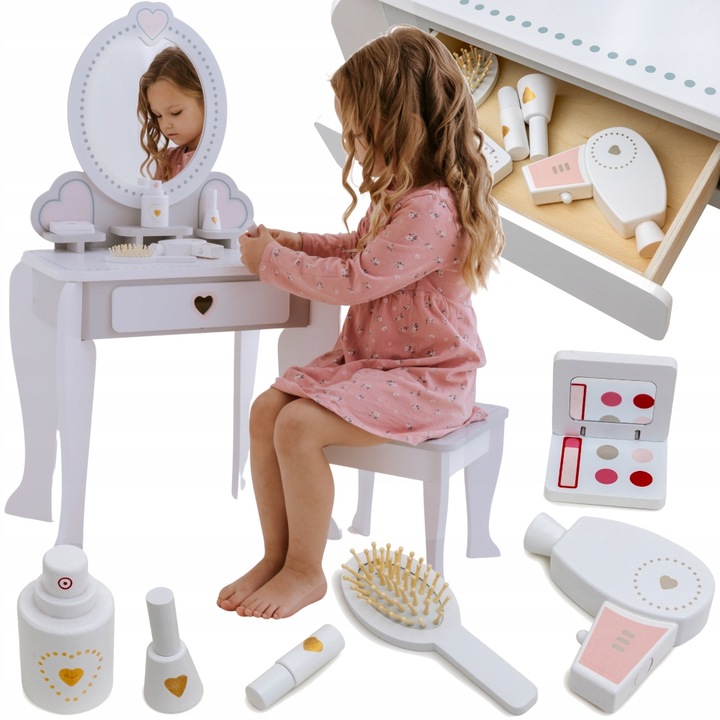 Drewniana toaletka dla dziewczynki z krzesełkiem lustro akcesoria szuflada