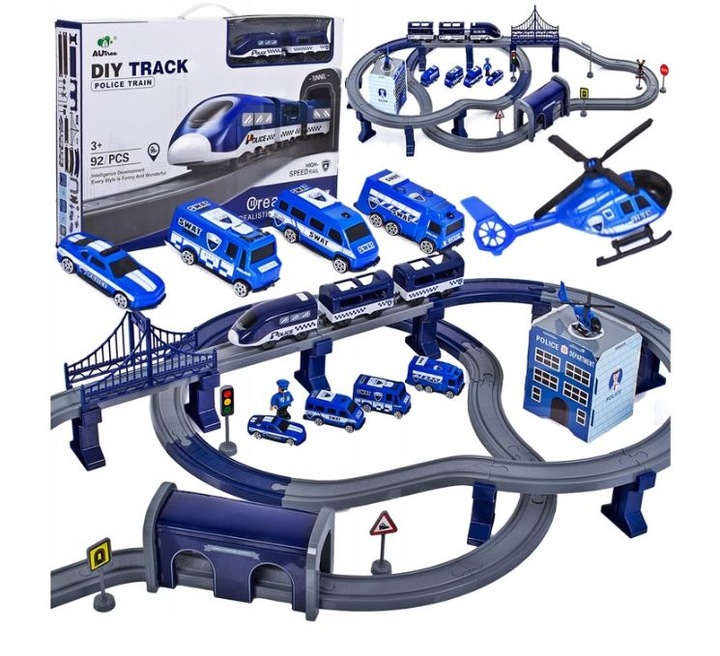 KOLEJKA ELEKTRYCZNA TORY POJAZDY MOSTY DOMKI POCIĄG WAGONY 92 elementów
