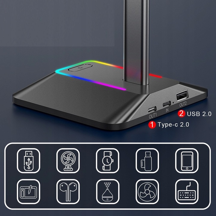 STOJAK STATYW NA SŁUCHAWKI NEW BEE GAMINGOWY PODŚWIETLENIE RGB LED HUB USB