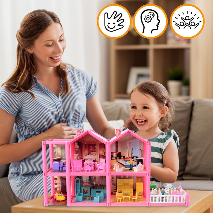 DOMEK DLA LALEK WILLA RÓZOWA MEBLE LALKI LALECZKI TARAS SAMOCHÓD DO ZABAWY