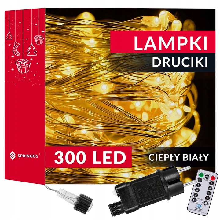 LAMPKI DRUCIKI 300LED MIKRO CIEPŁY BIAŁY PILOT TRYBY FUNKCJE IP44 CHOINKOWE