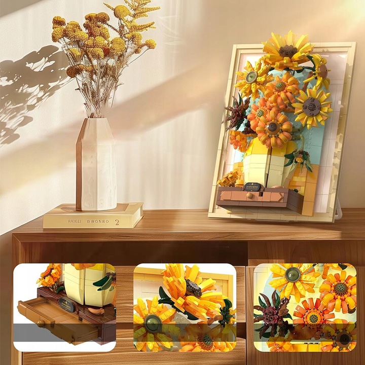 KLOCKI CREATIVE OBRAZ SŁONECZNIKI VAN GOGH PUZLE 3D ZESTAW 1166EL. Z LED