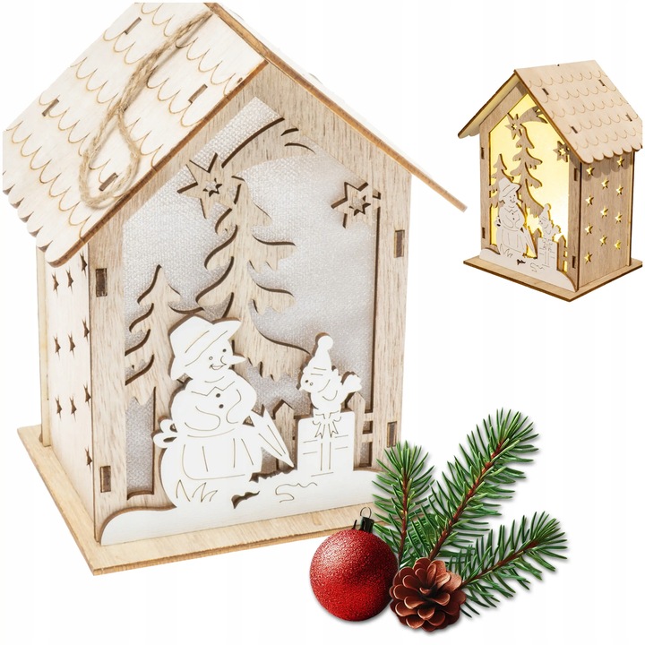Lampion adwentowy drewniany na roraty z latarenką LED domek podświetlany 16