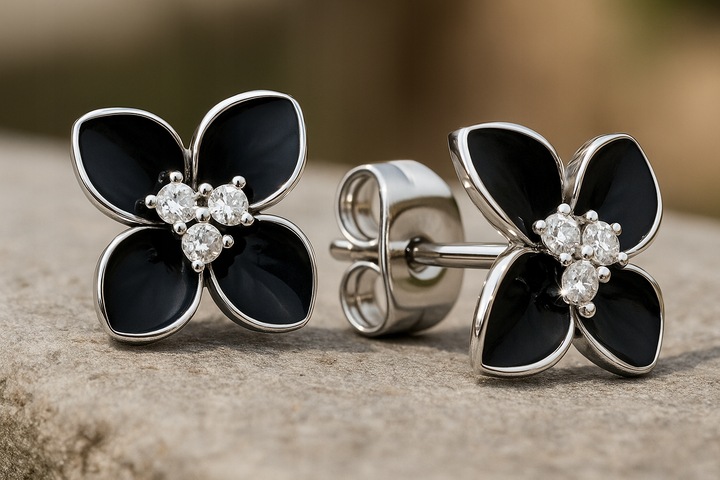 Srebrne kolczyki wkrętki kwiatki czarne sztyfty kolczyki srebro rodowane