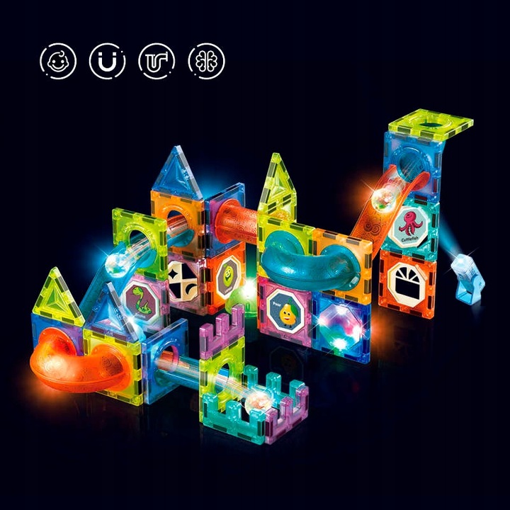 Klocki Magnetyczne Świecące Konstrukcyjne Tor Kulkowy Zestaw 75 elementów