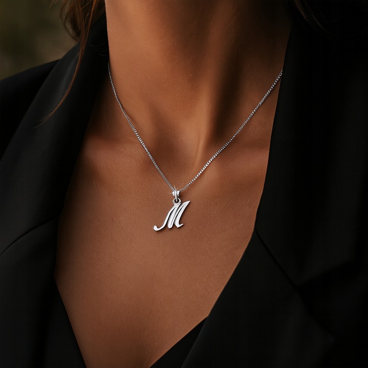 NASZYJNIK Z LITERKĄ LITERKA M PANCERKA SREBRO pudełko łańcuszek srebrny