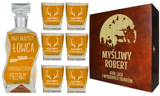 KARAFKA + 6 SZKLANEK DO WHISKY W PUDEŁKU Z GRAWEREM PREZENT DLA MYŚLIWEGO