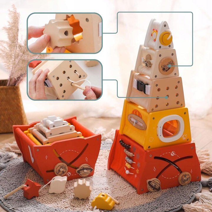 Drewniana piramidka edukacyjna Montessori sorter kształtów, labirynt, cyfry