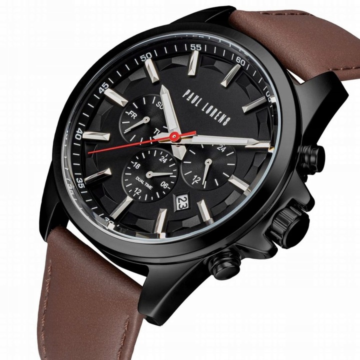 Zegarek męski Paul Lorens MAKALU skórzany pasek brązowy datownik - 2 PASKI