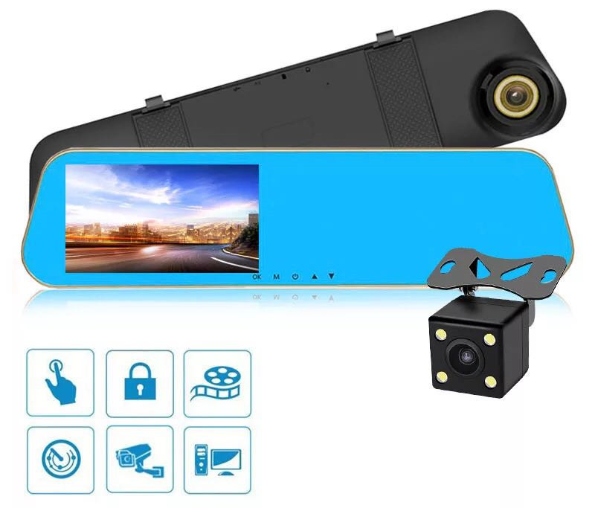 WIDEOREJESTRATOR LUSTERKO KAMERA SAMOCHODOWA COFANIA PRZÓD TYŁ MENU PL
