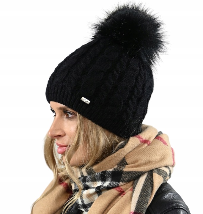 Czapka damska zimowa Ciepła dwuwarstwowa z polarem Pompon POLSKA Produkcja