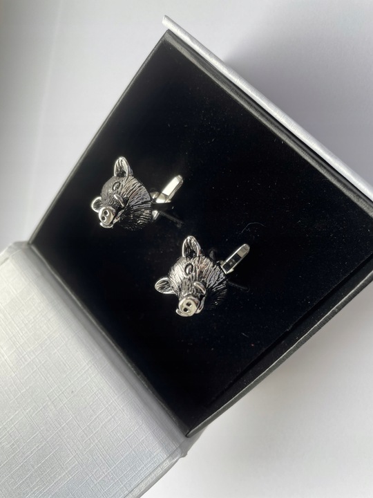 Srebrne spinki do mankietów EXC Dzik Dziki Głowa Dzika dla Myśliwego w Etui