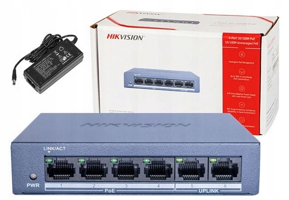 Switch POE 4x PoE 2x LAN do 4 kamer IP HIKVISION 45W 10/100Mbps