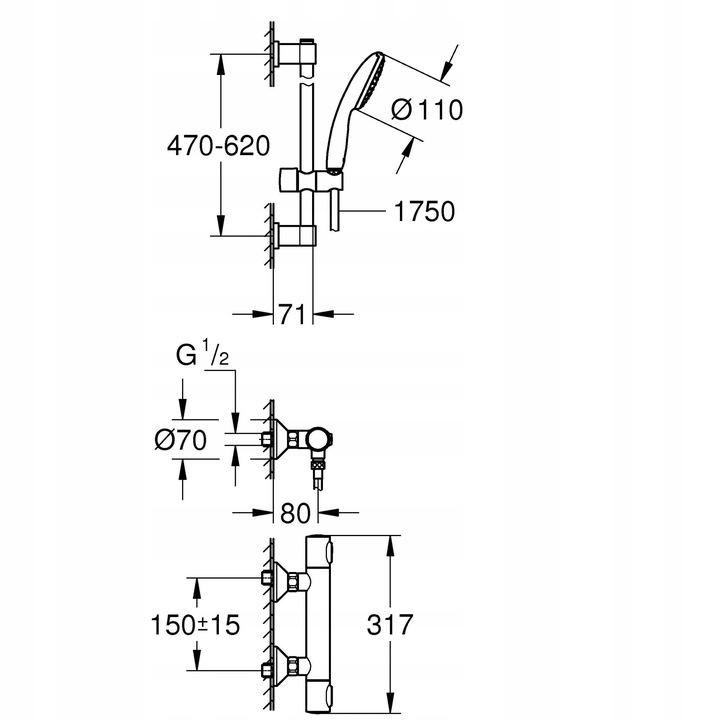 Zestaw prysznicowy GROHE Bateria Termostat Drążek Słuchawka Chrom 34800001