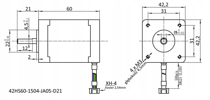 Silnik krokowy bipolarny NEMA17 1,5A 7kg.cm typ 42HS60-1504JA05-D21