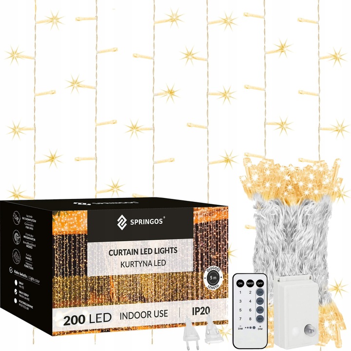 KURTYNA ŚWIETLNA 200 LED 3x2m SOPLE LAMPKI GIRLANDA BIAŁE PILOT NA OKNO