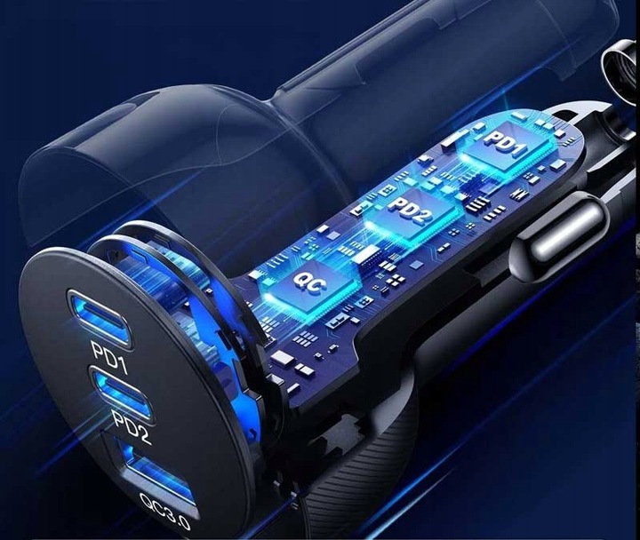 JOYROOM SZYBKA ŁADOWARKA SAMOCHODOWA 70W 1xUSB, 2xUSB C PODŚWIETLANA