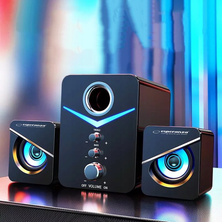 GŁOŚNIKI KOMPUTEROWE 2.1 PODŚWIETLENIE LED MOC 6W