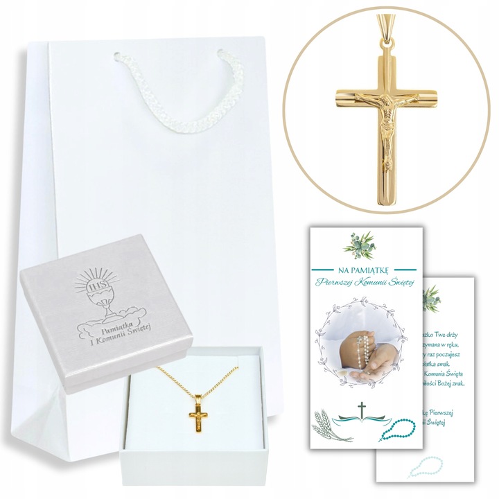 PAMIĄTKA PIERWSZEJ KOMUNII ŚWIĘTEJ SREBRO POZŁACANE ŁAŃCUSZEK KRZYŻYK