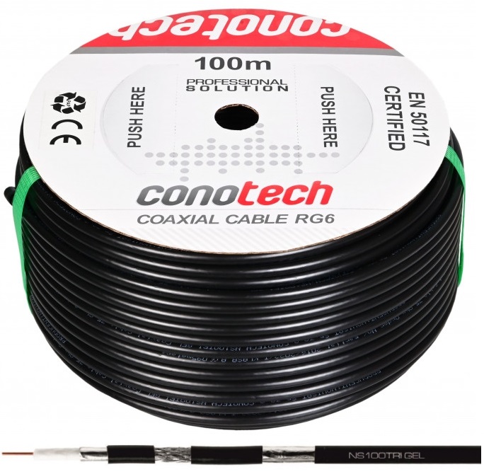 Kabel Przewód Antenowy RG-6 TRISHIELD Żelowany 100m Koncentryczny CU PE Żel