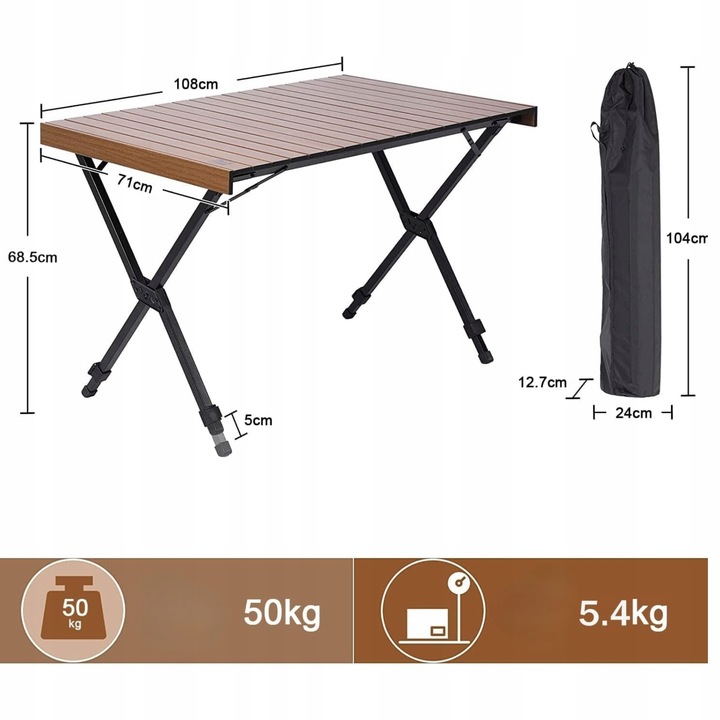 Stół kempingowy TIMBER RIDGE składany regulowany aluminiowy dla 4-6 osób