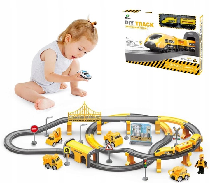 KOLEJKA ELEKTRYCZNA TORY POJAZDY MOSTY DOMKI POCIĄG WAGONY 92 elementów