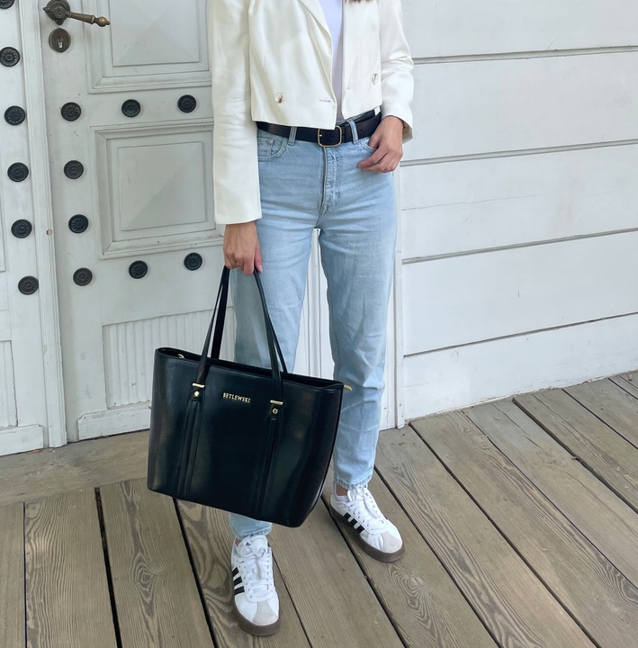 BETLEWSKI duża torebka Damska do ręki i ramię czarna pojemna suwak a4