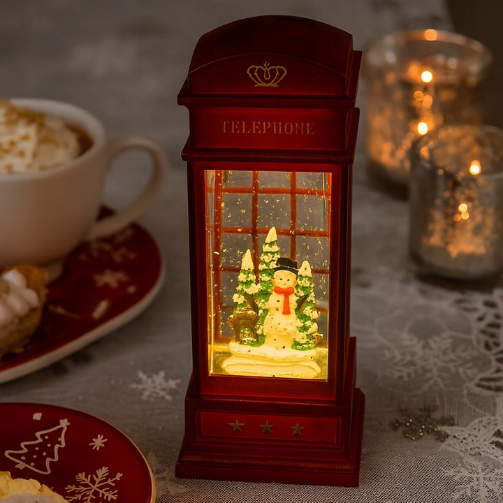 Budka Telefoniczna Świąteczna z Bałwankiem, Pozytywką i Brokatem LED